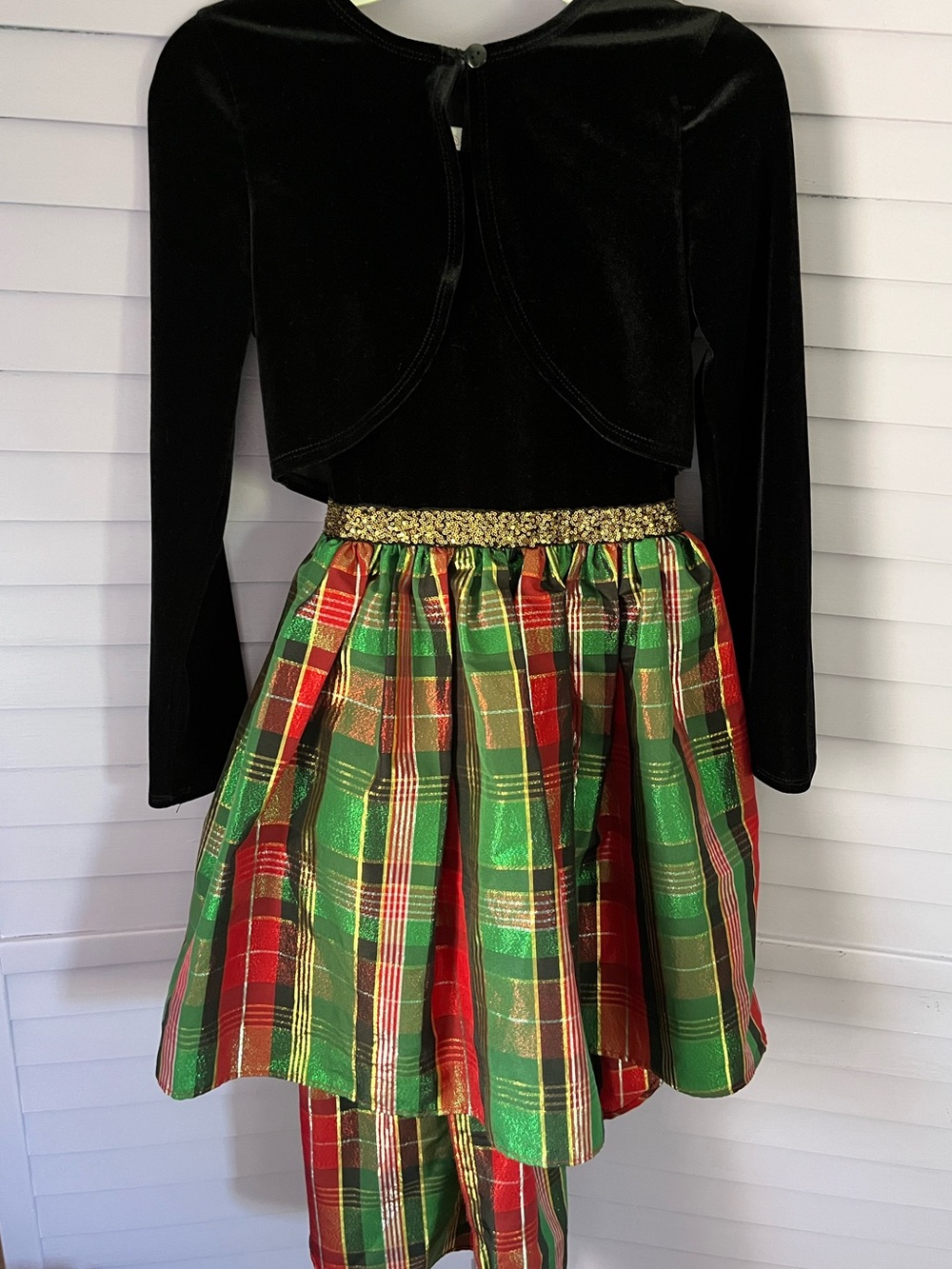 Bonnie Jean Black Velvet Top with Red & Green Plaid Skirt